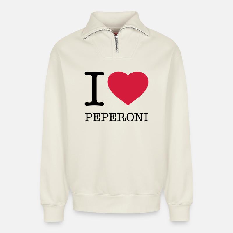 I LOVE PEPERONI - Relaxed Unisex Organic Half Zip Sweatshirt – von SPREAD - Naturweiß
