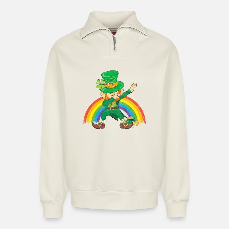 Dancing Leprechaun Dabbing Rainbow - Relaxed Unisex Organic Half Zip Sweatshirt – by SPREAD - off white