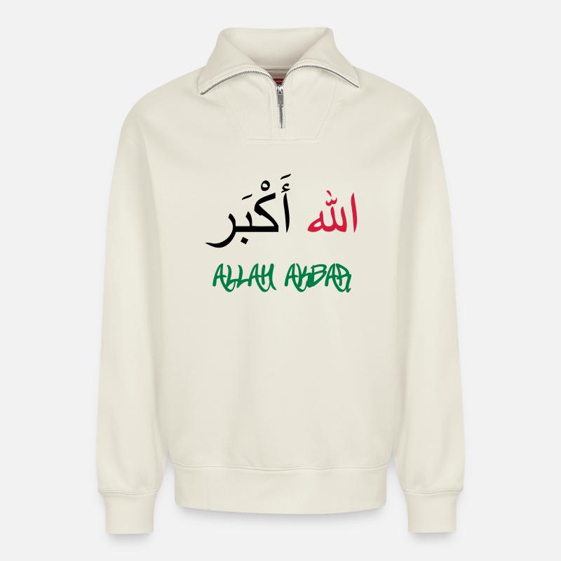 Allah Akbar - Sweat unisexe décontracté en coton biologique à demi-zip – de SPREAD - blanc cassé