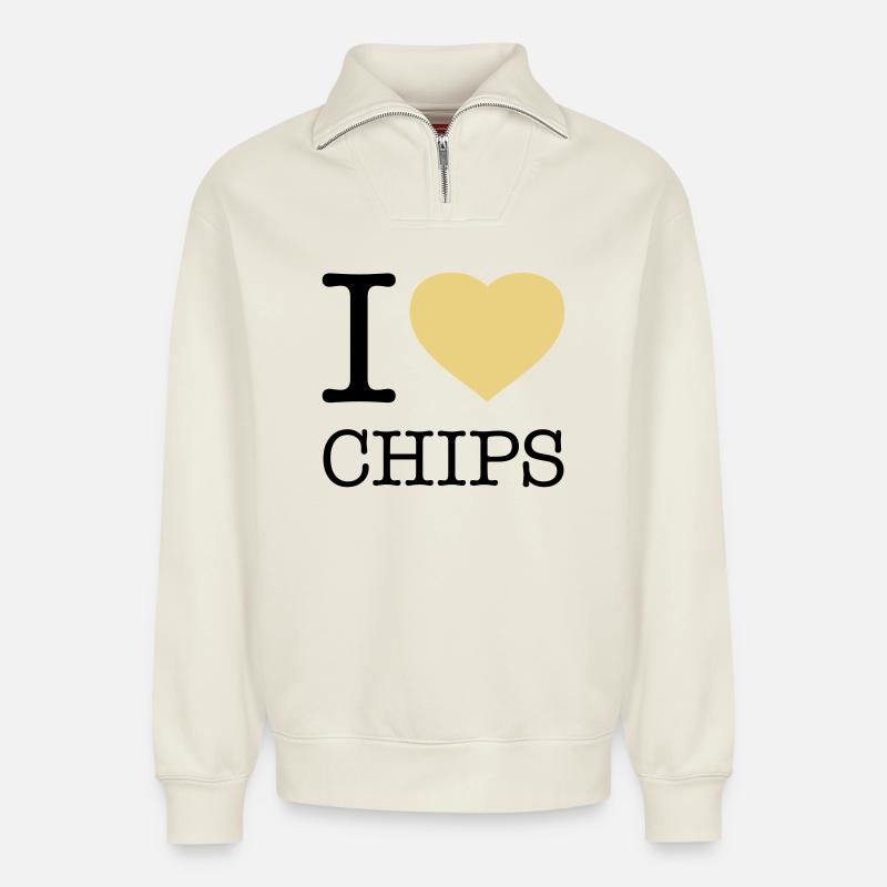 I LOVE CHIPS - Sweat unisexe décontracté en coton biologique à demi-zip – de SPREAD - blanc cassé