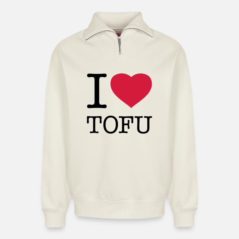 J’ADORE LE TOFU SOJA - Sweat unisexe décontracté en coton biologique à demi-zip – de SPREAD - blanc cassé