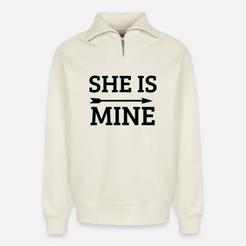 she is mine - Sweat unisexe décontracté en coton biologique à demi-zip – de SPREAD - blanc cassé