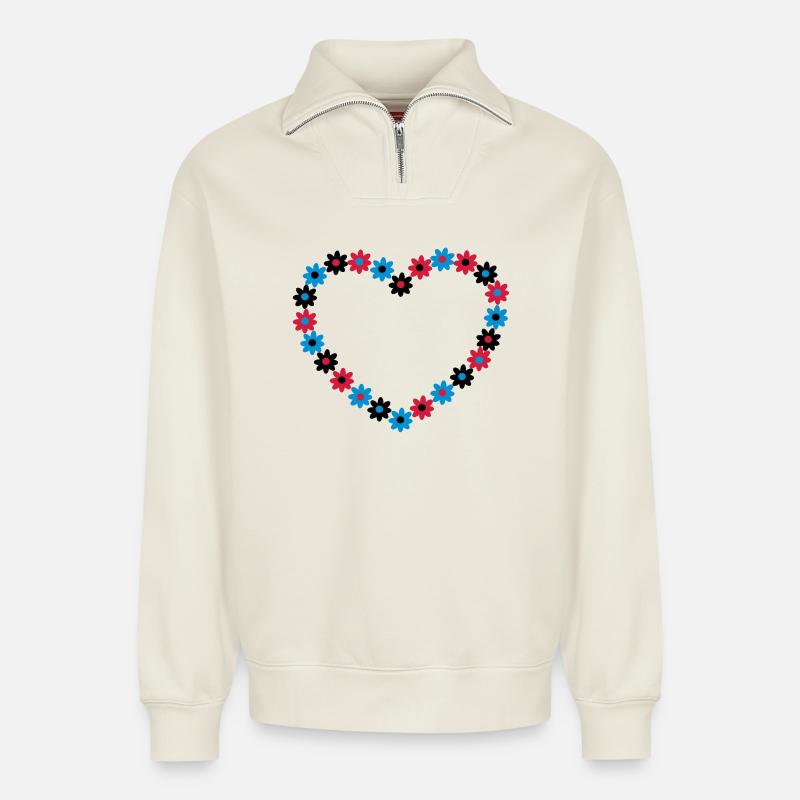 Blume Herz - Relaxed Unisex Organic Half Zip Sweatshirt – von SPREAD - Naturweiß