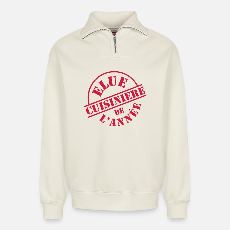 # Cuisinière # - Sweat unisexe décontracté en coton biologique à demi-zip – de SPREAD - blanc cassé