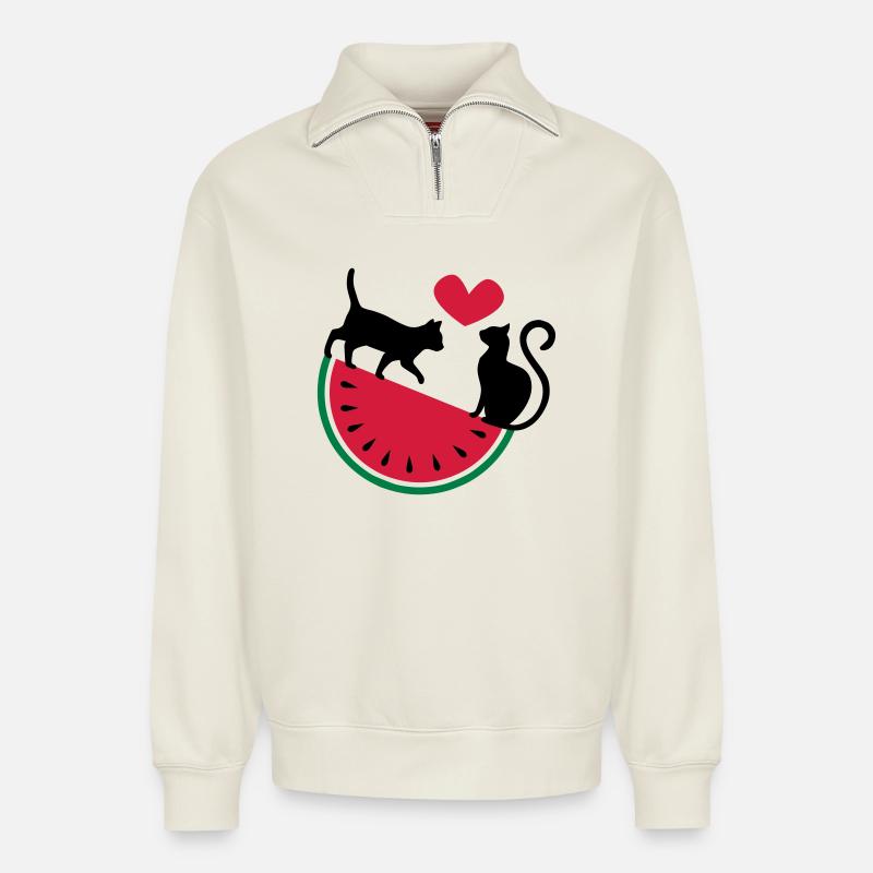Melon Cat Love - Relaxed Unisex Organic Half Zip Sweatshirt – by SPREAD - off white