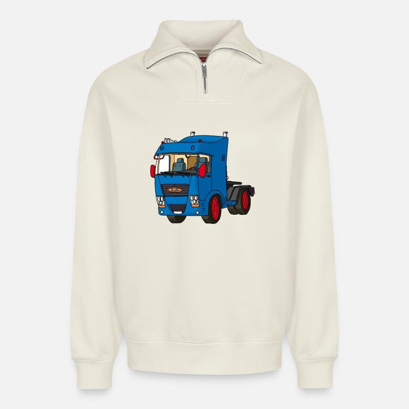Blaue Zugmaschine - Relaxed Unisex Organic Half Zip Sweatshirt – von SPREAD - Naturweiß