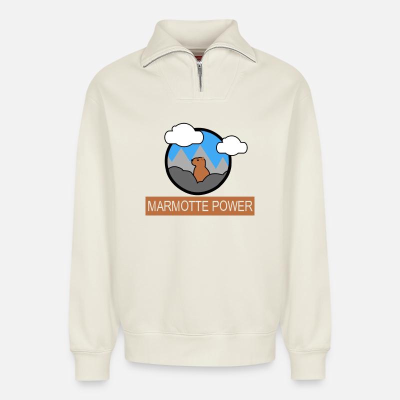 MARMOTTENKRAFT - Relaxed Unisex Organic Half Zip Sweatshirt – von SPREAD - Naturweiß