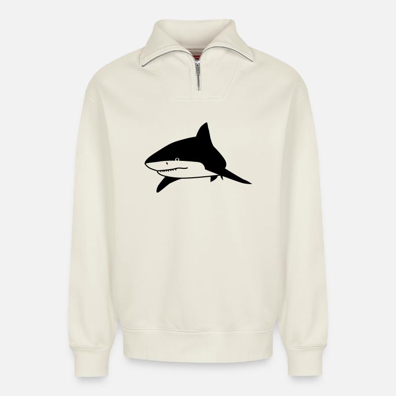 requin - Sweat unisexe décontracté en coton biologique à demi-zip – de SPREAD - blanc cassé