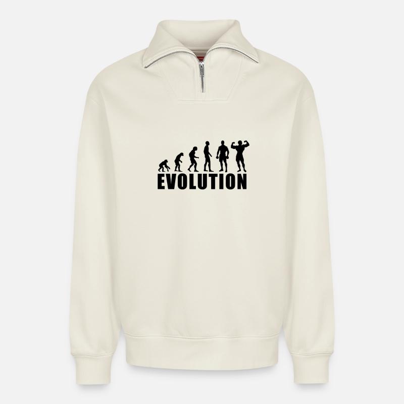 Cadeau EVOLUTION BODY BUILDING - Sweat unisexe décontracté en coton biologique à demi-zip – de SPREAD - blanc cassé