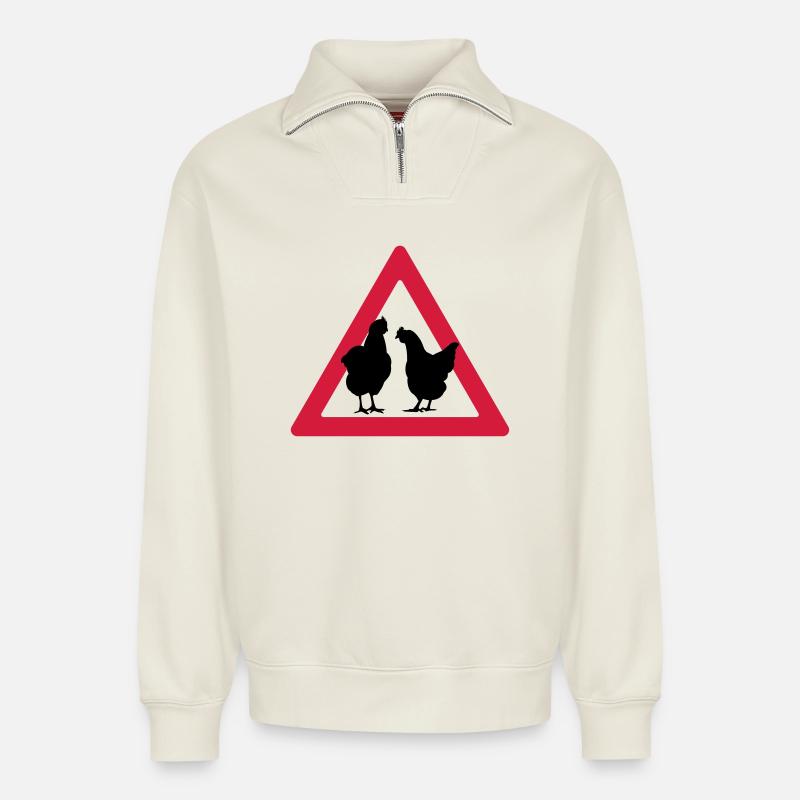 Attention, partie de poule - Sweat unisexe décontracté en coton biologique à demi-zip – de SPREAD - blanc cassé