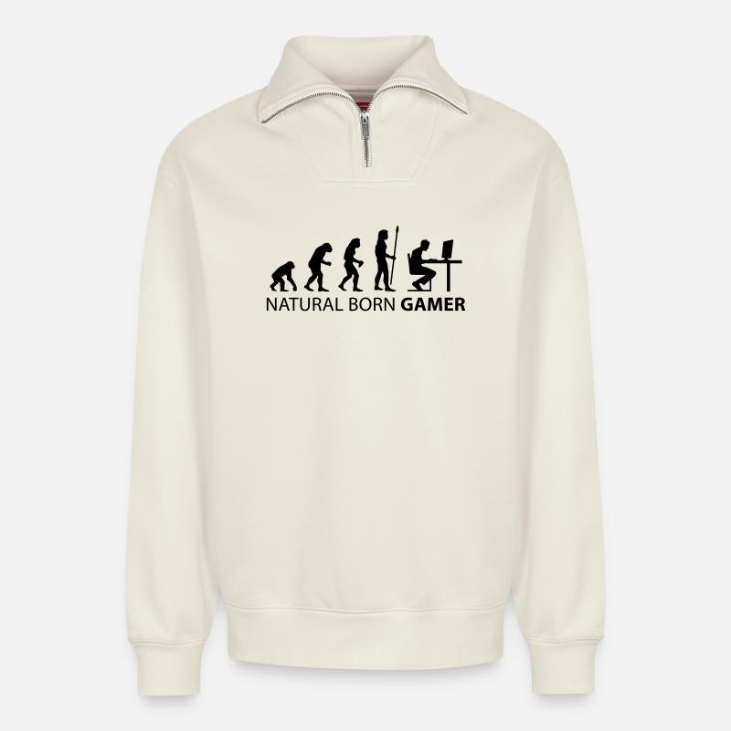 evolution natural born gamer - Relaxed Unisex Organic Half Zip Sweatshirt – by SPREAD - off white