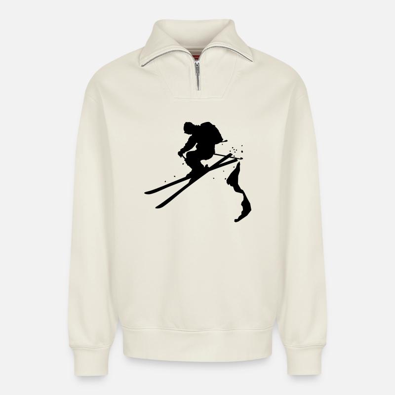 ski_freerider - Sweat unisexe décontracté en coton biologique à demi-zip – de SPREAD - blanc cassé