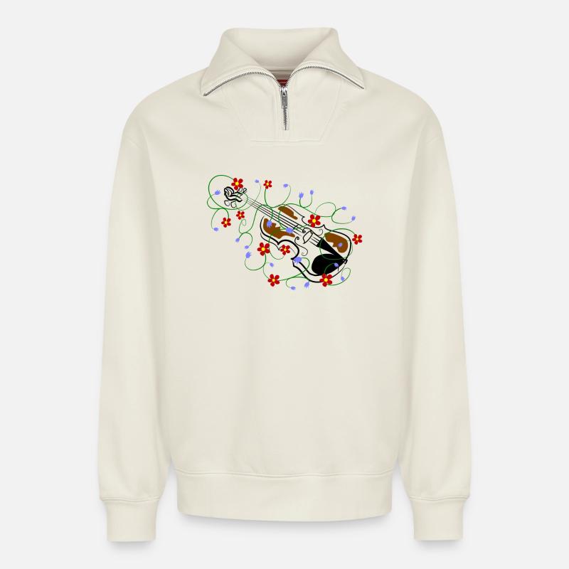 violon - Sweat unisexe décontracté en coton biologique à demi-zip – de SPREAD - blanc cassé