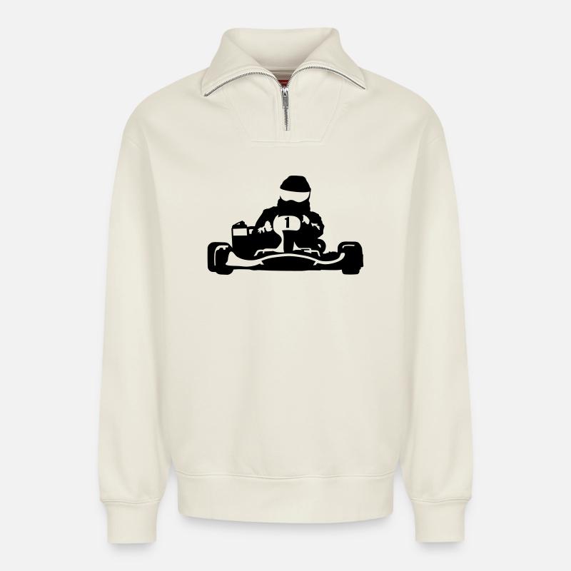 karting - Sweat unisexe décontracté en coton biologique à demi-zip – de SPREAD - blanc cassé
