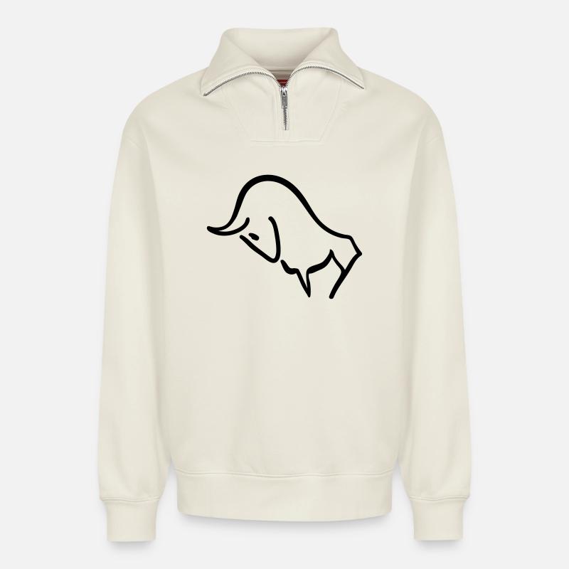 charging bull - Relaxed Unisex Organic Half Zip Sweatshirt – by SPREAD - off white