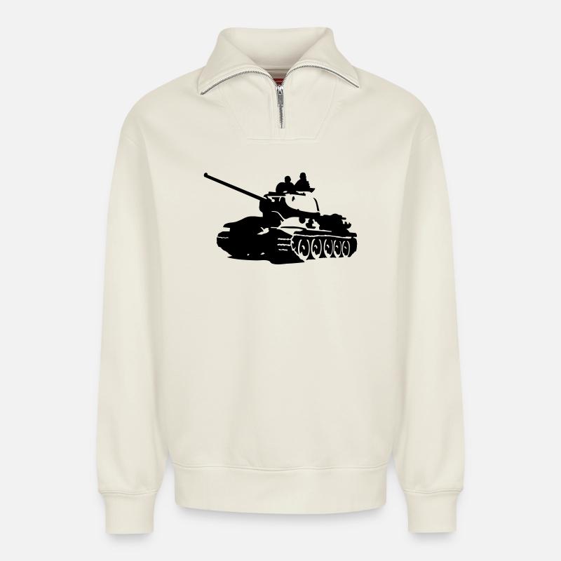 Tank T-34 - Sweat unisexe décontracté en coton biologique à demi-zip – de SPREAD - blanc cassé