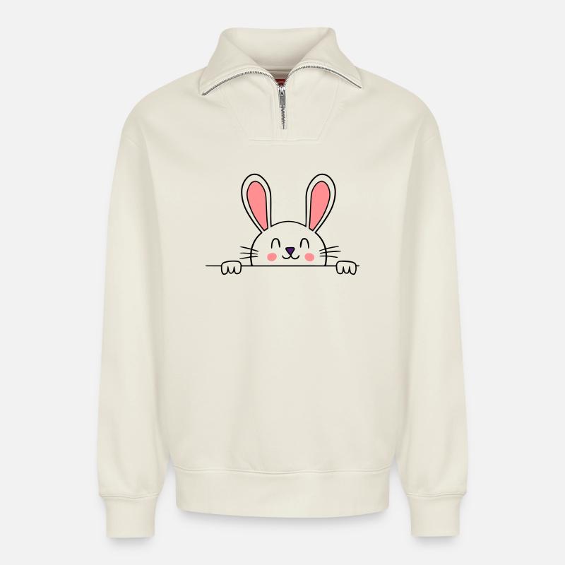 Bunny Rabbit Happy - Relaxed Unisex Organic Half Zip Sweatshirt – by SPREAD - off white