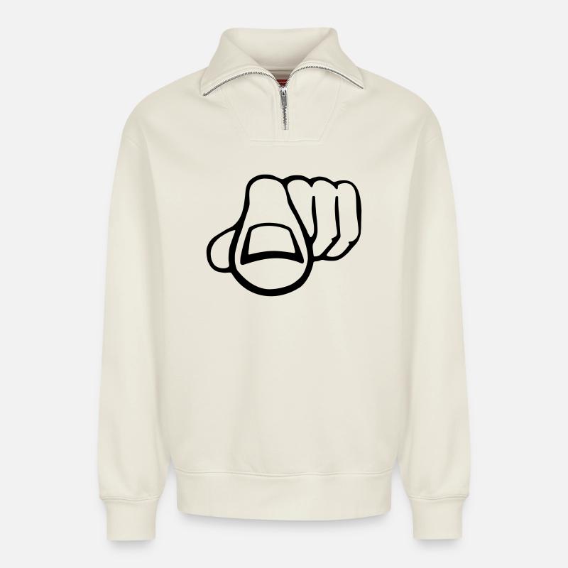 doigt - Sweat unisexe décontracté en coton biologique à demi-zip – de SPREAD - blanc cassé