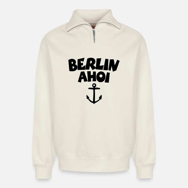 Berlin Ahoi - Relaxed Unisex Organic Half Zip Sweatshirt – von SPREAD - Naturweiß