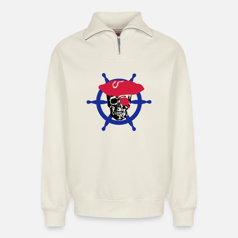 skull pirate - Sweat unisexe décontracté en coton biologique à demi-zip – de SPREAD - blanc cassé