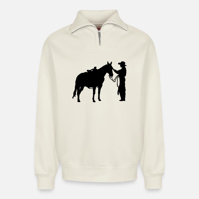 Femme avec le cheval - Sweat unisexe décontracté en coton biologique à demi-zip – de SPREAD - blanc cassé