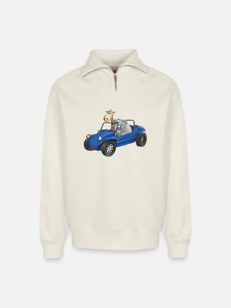 Elephant and giraffe in buggy - Relaxed Unisex Organic Half Zip Sweatshirt – by SPREAD - off white