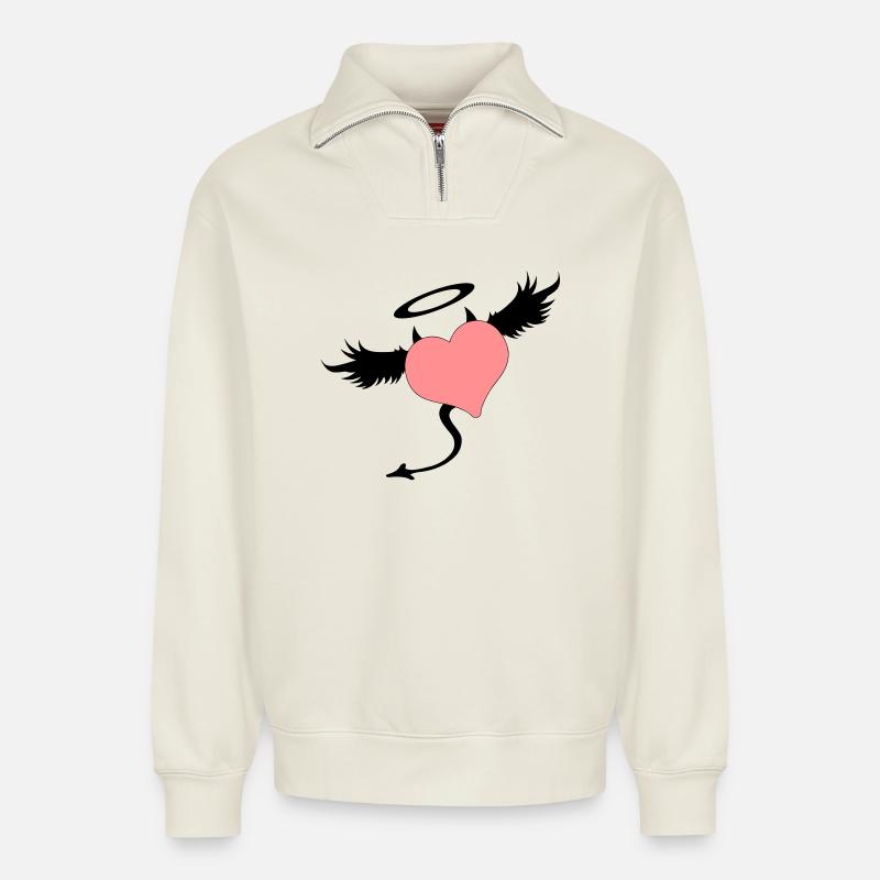 angel devil symbol - Relaxed Unisex Organic Half Zip Sweatshirt – by SPREAD - off white