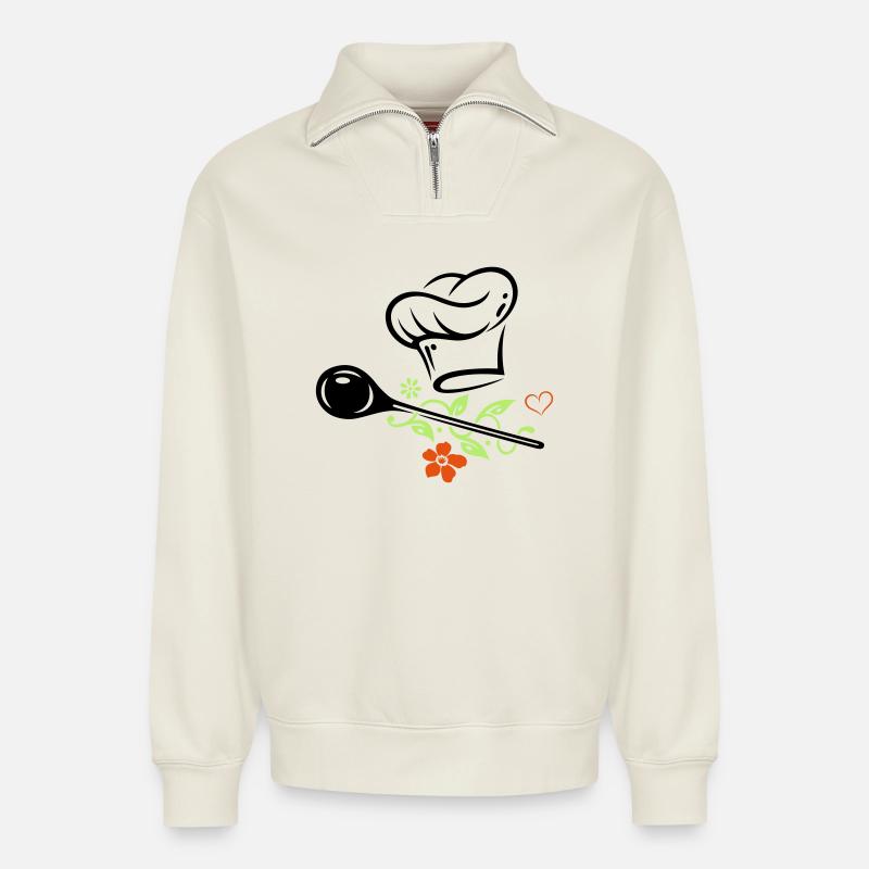 Cuillère en bois - Sweat unisexe décontracté en coton biologique à demi-zip – de SPREAD - blanc cassé