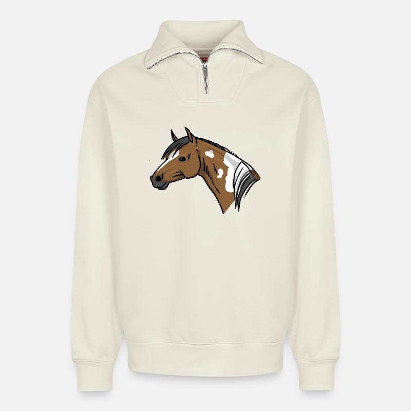 Portrait de cheval - Sweat unisexe décontracté en coton biologique à demi-zip – de SPREAD - blanc cassé
