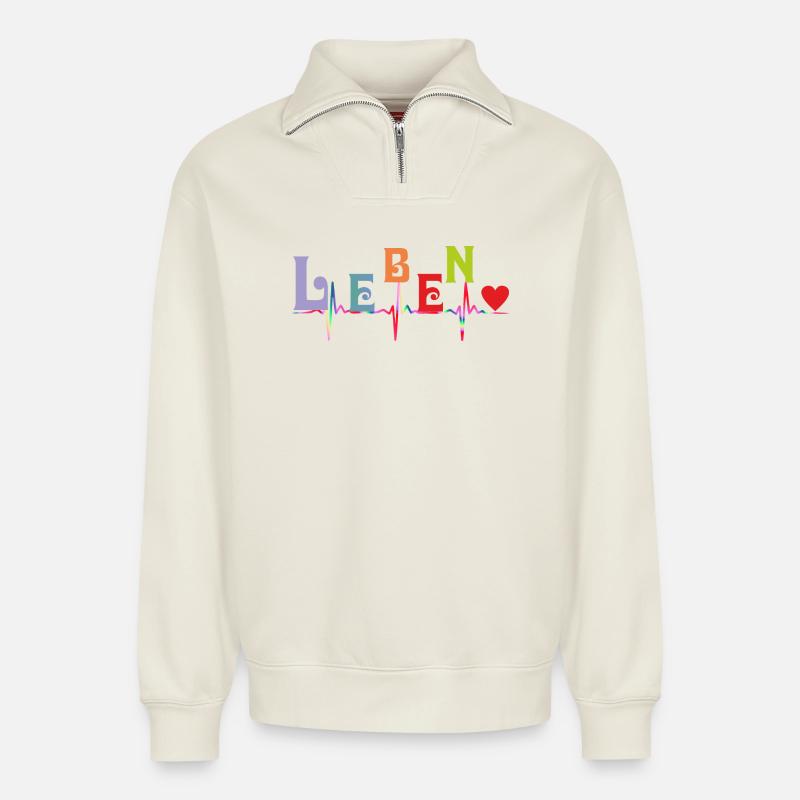 Herz Herzkurve LEBEN - Relaxed Unisex Organic Half Zip Sweatshirt – von SPREAD - Naturweiß