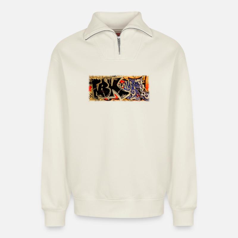 Graffiti - Sweat unisexe décontracté en coton biologique à demi-zip – de SPREAD - blanc cassé