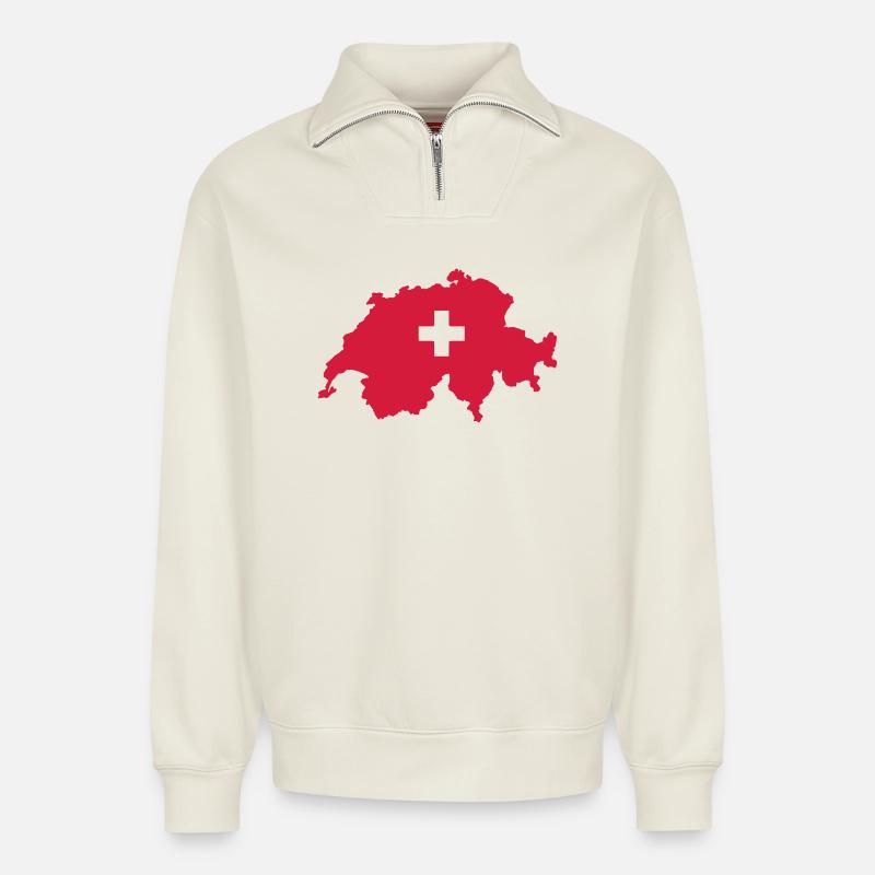 Schweiz - Relaxed Unisex Organic Half Zip Sweatshirt – von SPREAD - Naturweiß