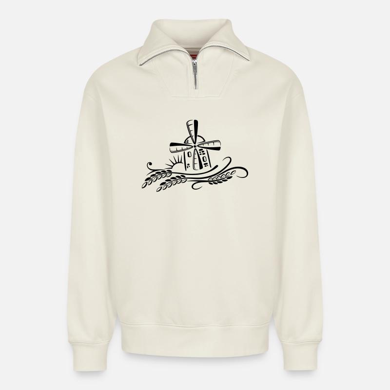 Windmühle Mühle Bäcker Getreide - Relaxed Unisex Organic Half Zip Sweatshirt – von SPREAD - Naturweiß