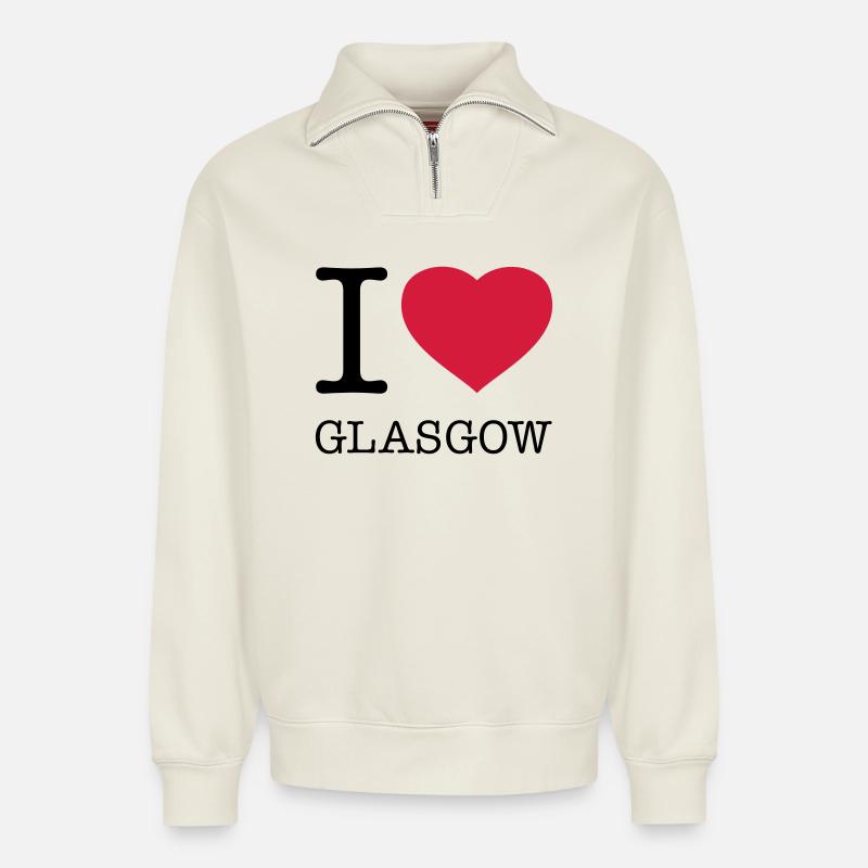 J’AIME GLASGOW, Écosse, Écosse - Sweat unisexe décontracté en coton biologique à demi-zip – de SPREAD - blanc cassé