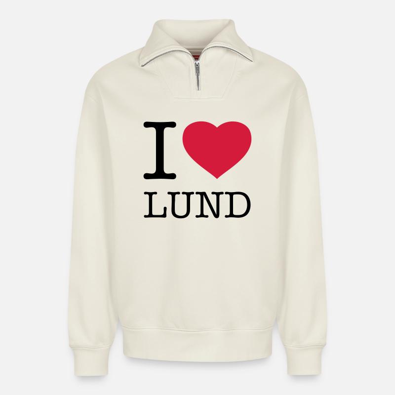 I LOVE LUND Schweden - Relaxed Unisex Organic Half Zip Sweatshirt – von SPREAD - Naturweiß
