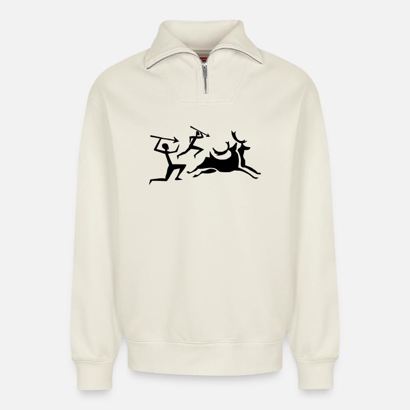 Cave painting hunter - Relaxed Unisex Organic Half Zip Sweatshirt – by SPREAD - off white