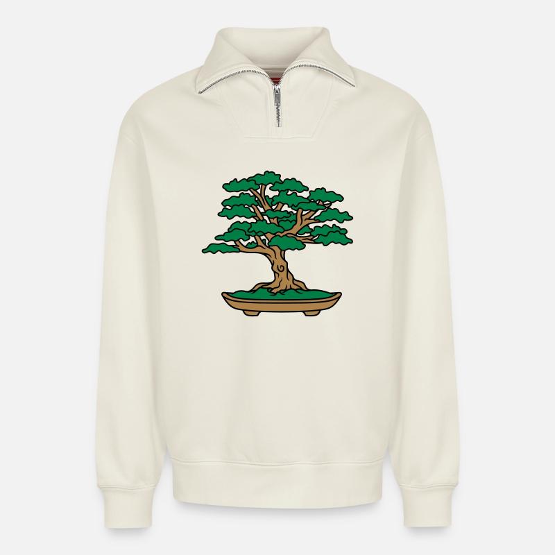 bonsaï feuilles branches petit arbre - Sweat unisexe décontracté en coton biologique à demi-zip – de SPREAD - blanc cassé