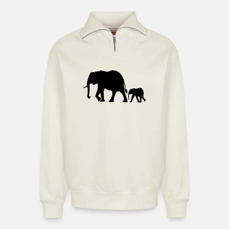 Eléphants - Sweat unisexe décontracté en coton biologique à demi-zip – de SPREAD - blanc cassé