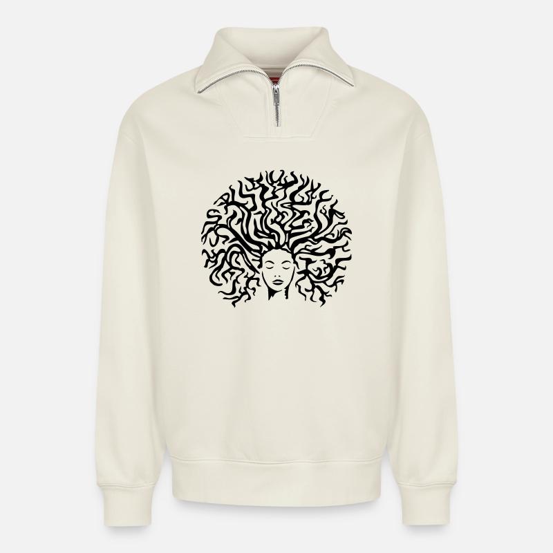 face - Relaxed Unisex Organic Half Zip Sweatshirt – by SPREAD - off white