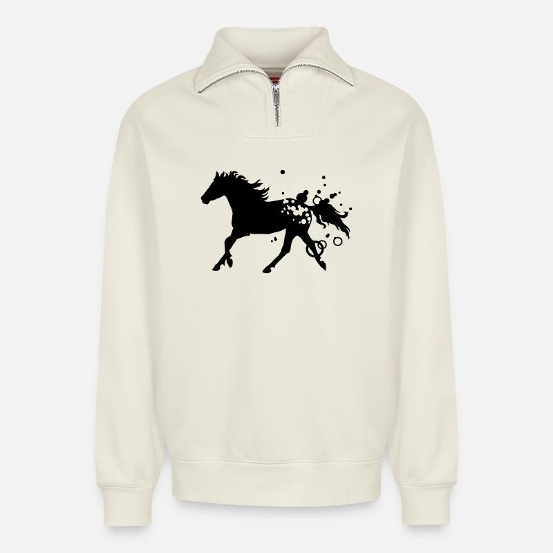 cheval - Sweat unisexe décontracté en coton biologique à demi-zip – de SPREAD - blanc cassé
