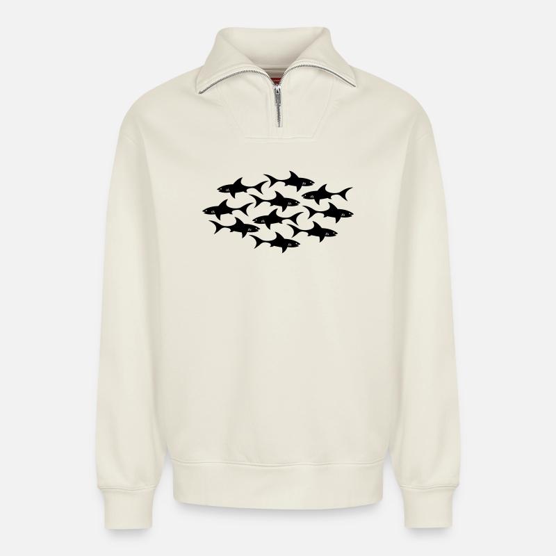 Hai shark - Relaxed Unisex Organic Half Zip Sweatshirt – von SPREAD - Naturweiß