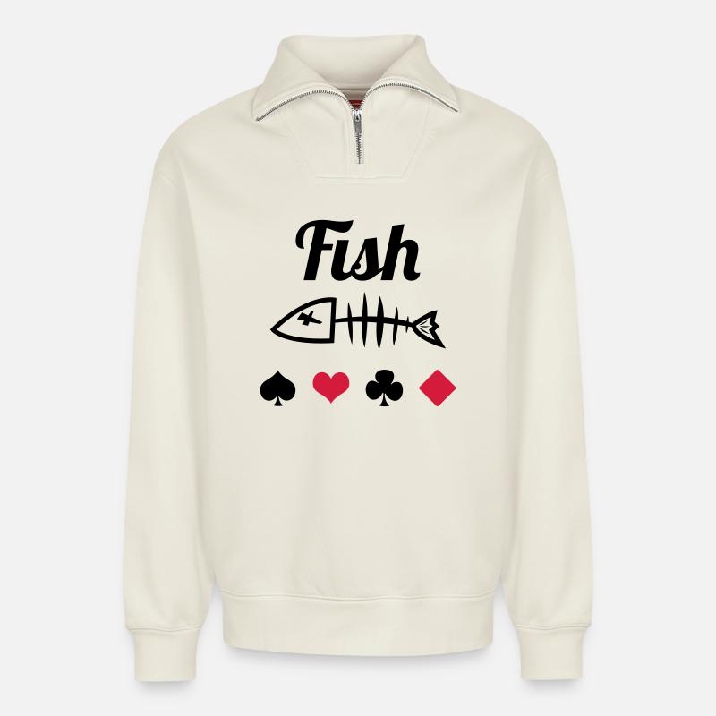 Poker : Fish - Sweat unisexe décontracté en coton biologique à demi-zip – de SPREAD - blanc cassé
