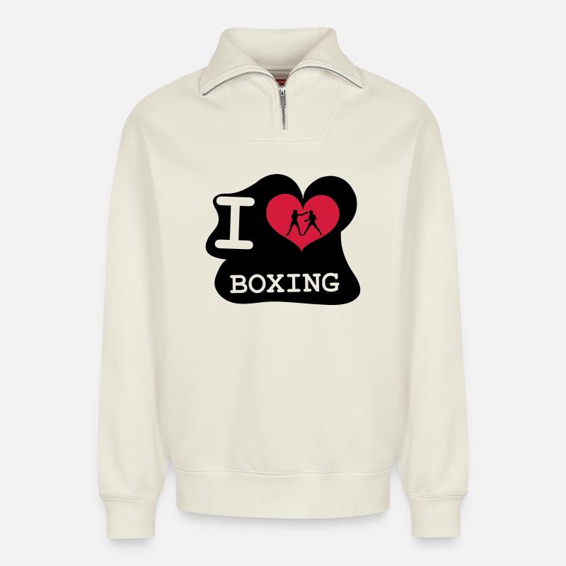 I Love Boxing - Sweat unisexe décontracté en coton biologique à demi-zip – de SPREAD - blanc cassé
