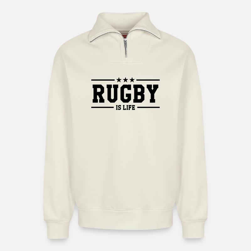 Rugby - Sweat unisexe décontracté en coton biologique à demi-zip – de SPREAD - blanc cassé
