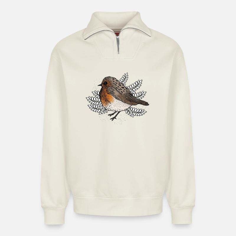 Rotkehlchen auf Zweigen - Relaxed Unisex Organic Half Zip Sweatshirt – von SPREAD - Naturweiß