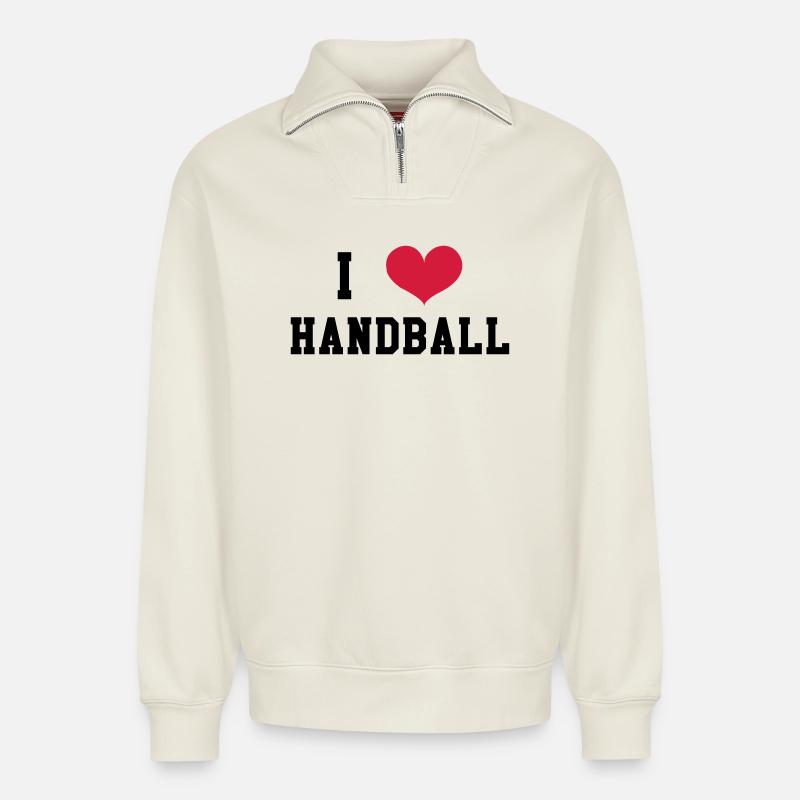 I Love Handball - Relaxed Unisex Organic Half Zip Sweatshirt – von SPREAD - Naturweiß