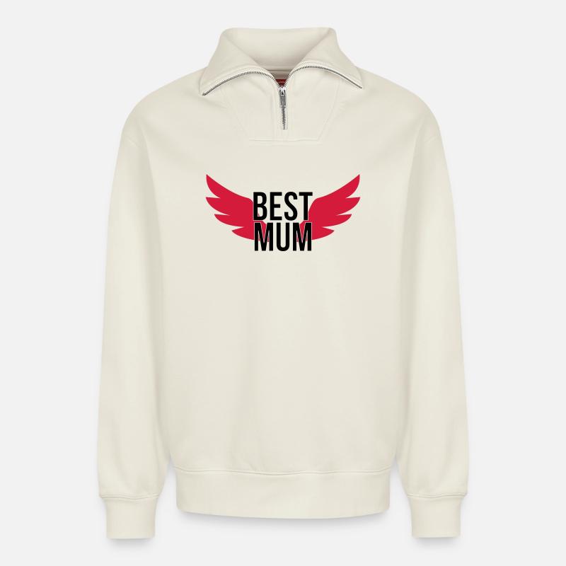 Best Mum - Sweat unisexe décontracté en coton biologique à demi-zip – de SPREAD - blanc cassé