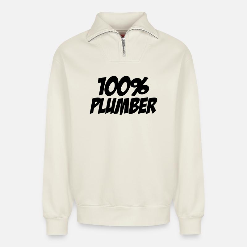 100% Plumber - Sweat unisexe décontracté en coton biologique à demi-zip – de SPREAD - blanc cassé