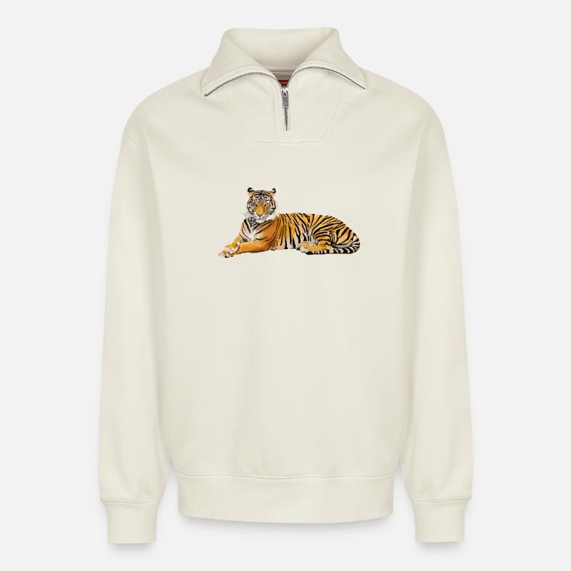 Tiger - Sweat unisexe décontracté en coton biologique à demi-zip – de SPREAD - blanc cassé