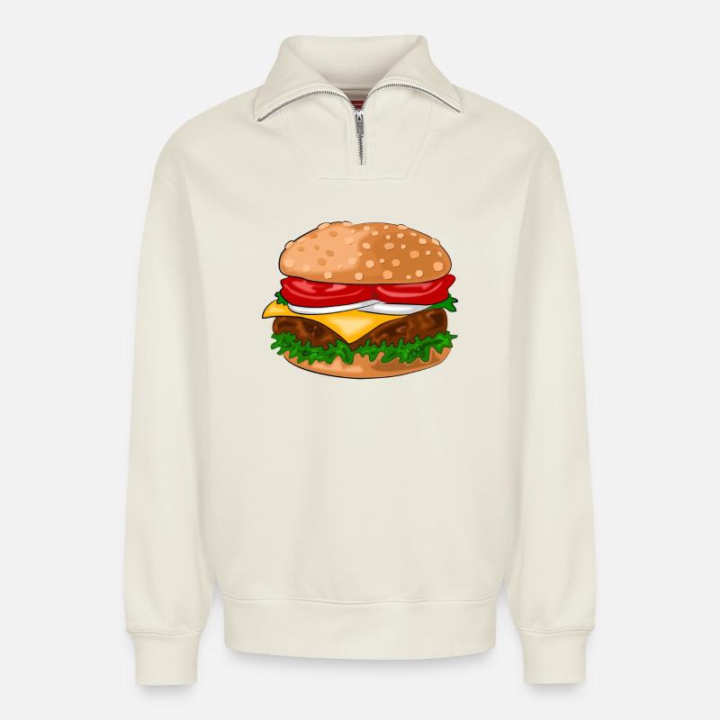 hamburger - Sweat unisexe décontracté en coton biologique à demi-zip – de SPREAD - blanc cassé